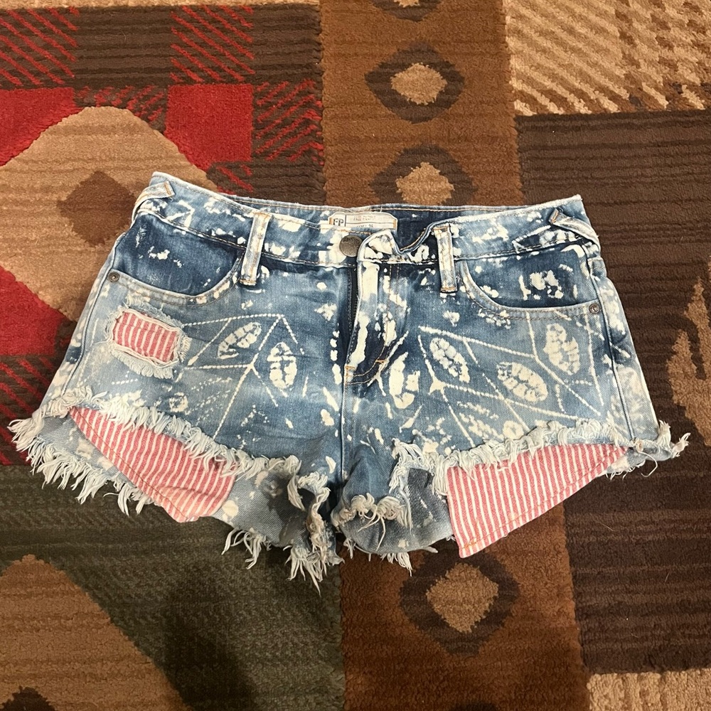 Free People Blue Patterned Jean Shorts